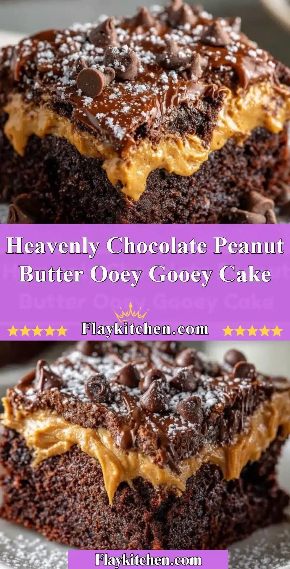 Decadent chocolate peanut butter cake topped with a rich ooey gooey frosting