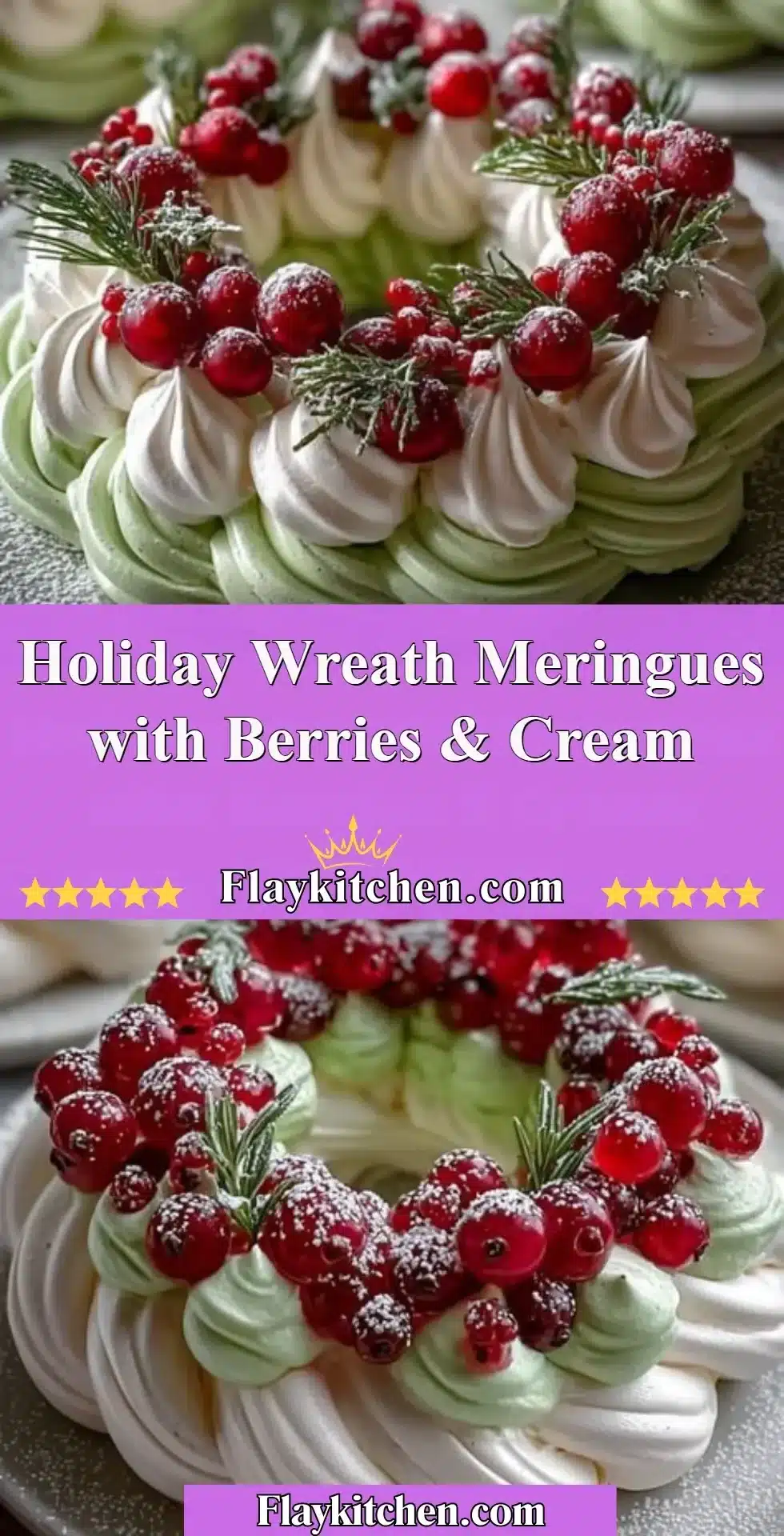 Festive Holiday Wreath Meringues decorated with berries and cream.