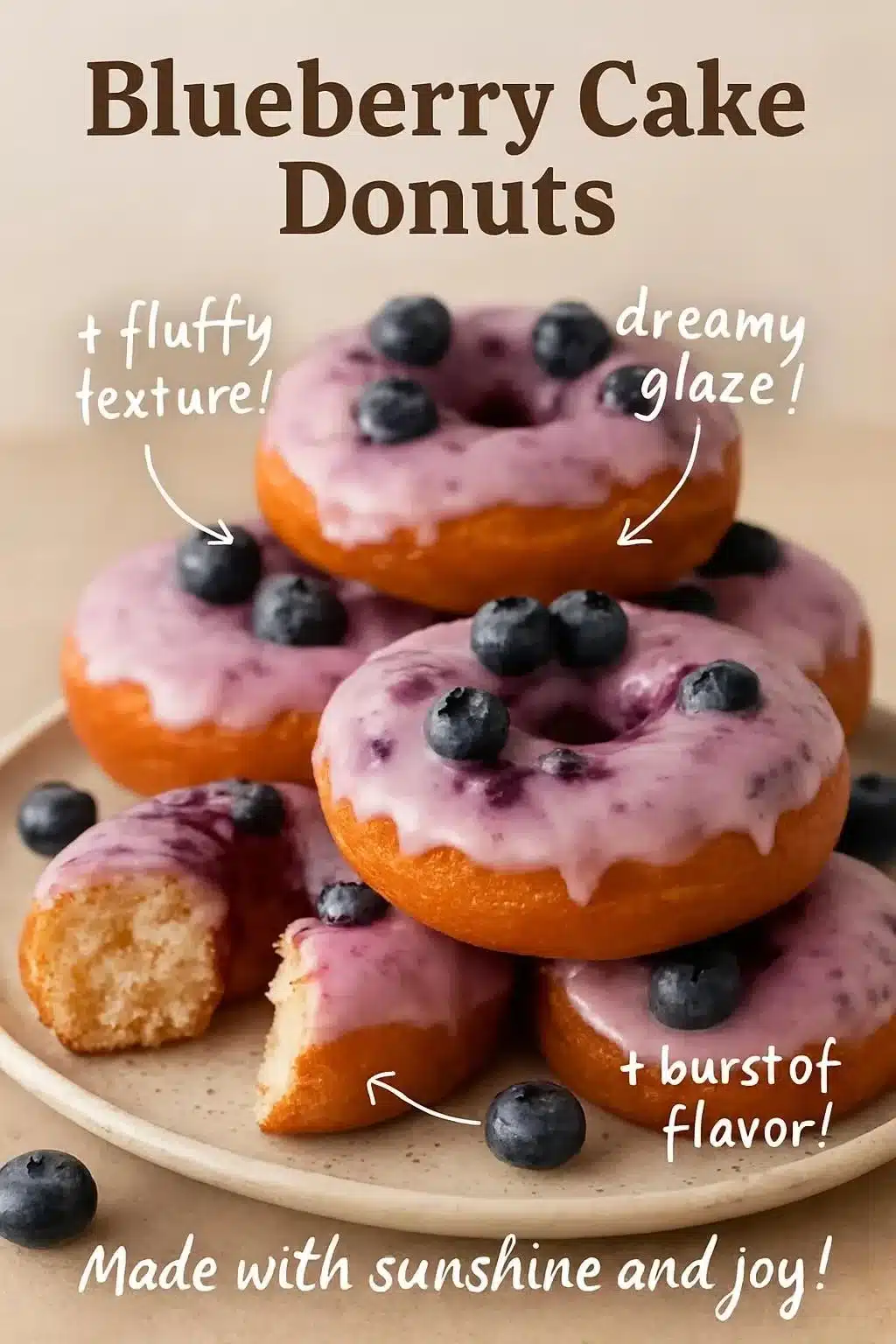 Homemade blueberry cake donuts topped with glaze and fresh blueberries