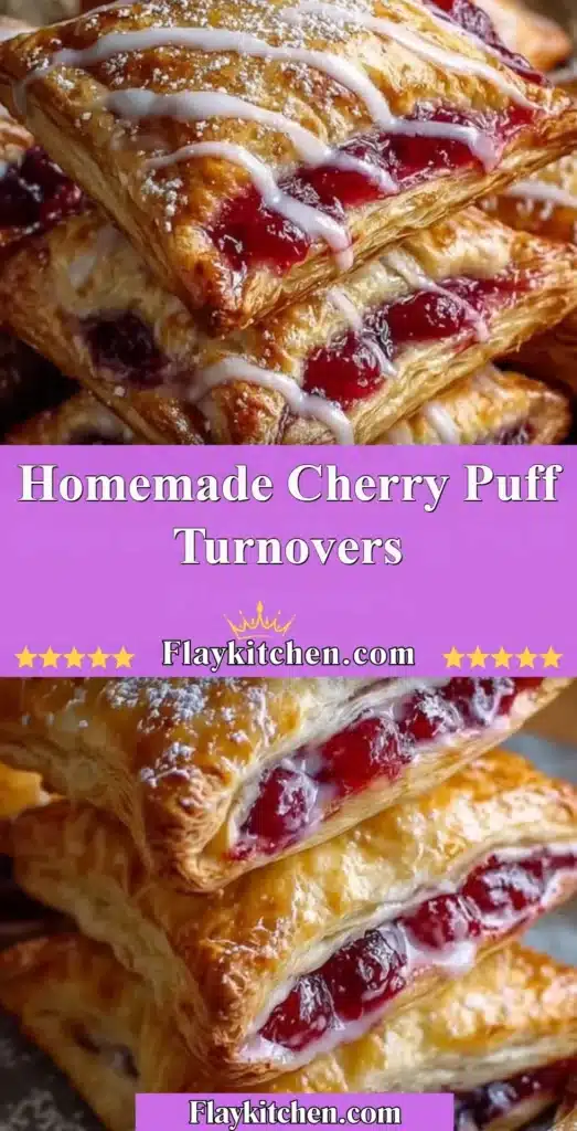 Freshly baked homemade cherry puff turnovers on a rustic wooden table
