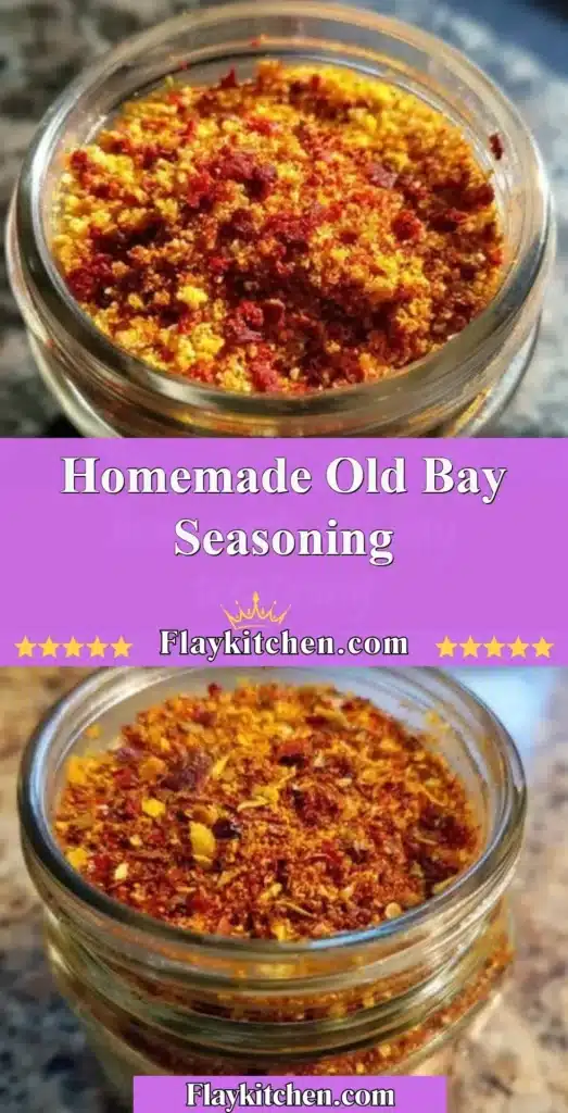 Homemade Old Bay Seasoning in a glass jar with spices and herbs