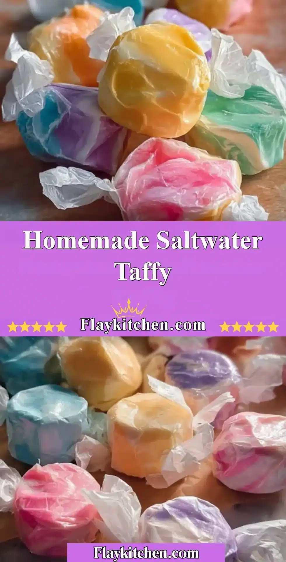 Homemade saltwater taffy in colorful pastel shades on a wooden table.