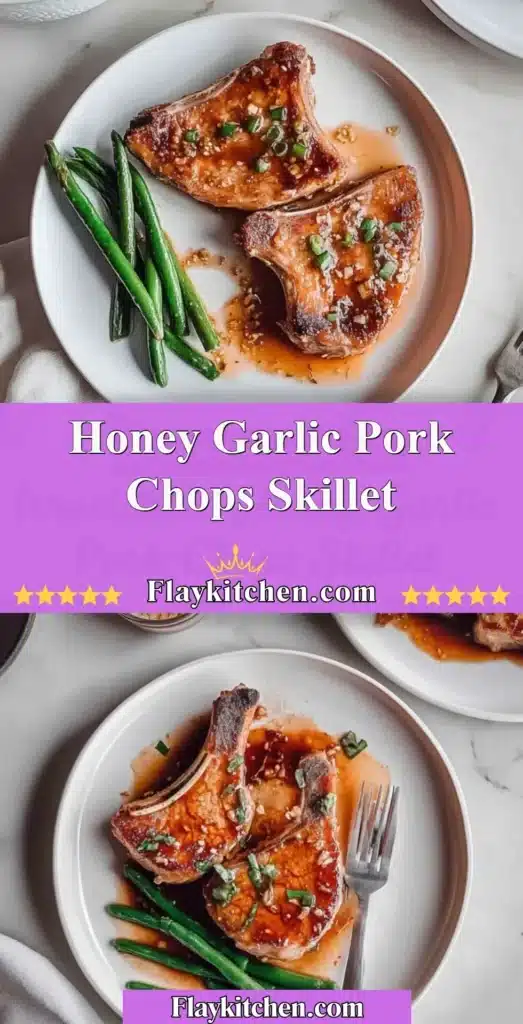 Honey garlic pork chops skillet recipe with tender pork chops in a flavorful sauce