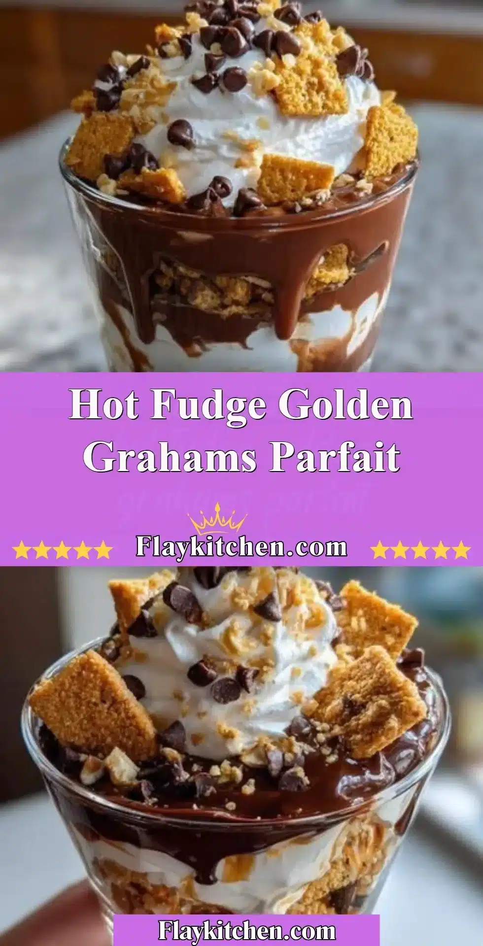 Delicious Hot Fudge Golden Grahams Parfait layered with rich chocolate fudge