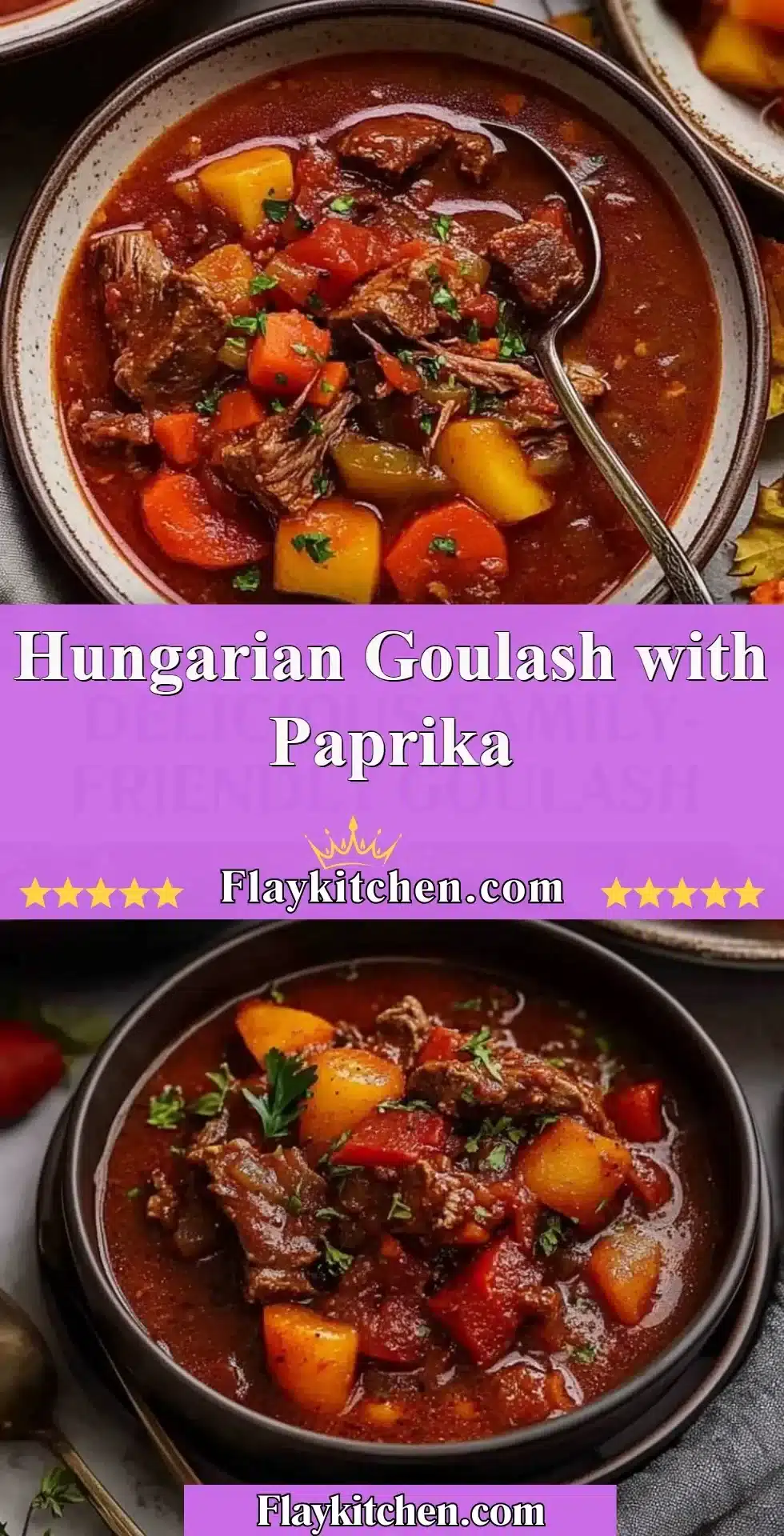 Bowl of flavorful Hungarian Goulash with Paprika, garnished with herbs.