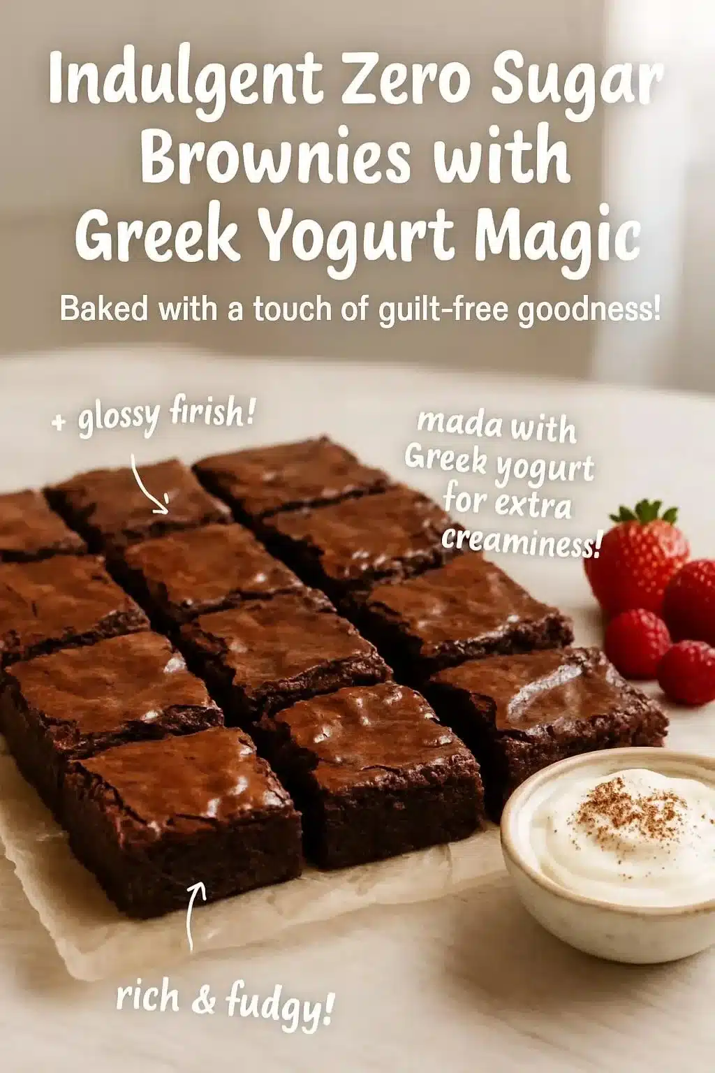 Delicious zero sugar brownies made with Greek yogurt for a guilt-free dessert.