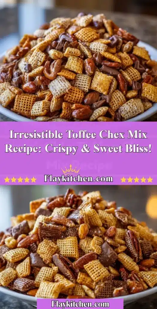 Delicious homemade Toffee Chex Mix served in a bowl, showcasing its crispy texture.