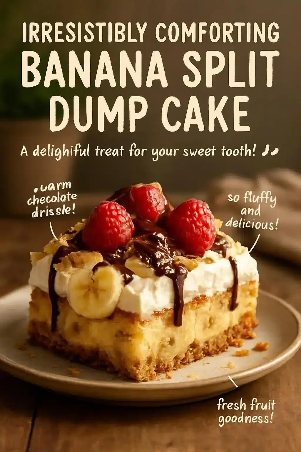 Delicious banana split dump cake topped with chocolate and whipped cream.