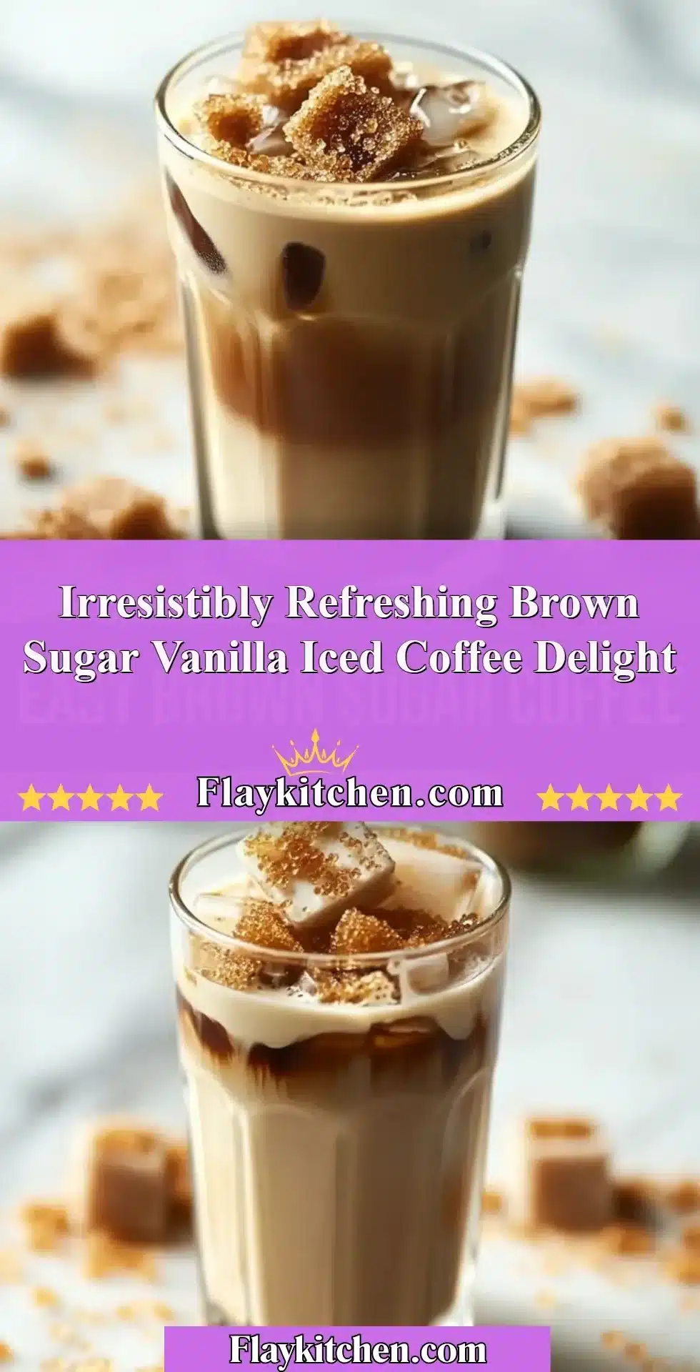 Refreshing brown sugar vanilla iced coffee in a glass with ice and vanilla beans.