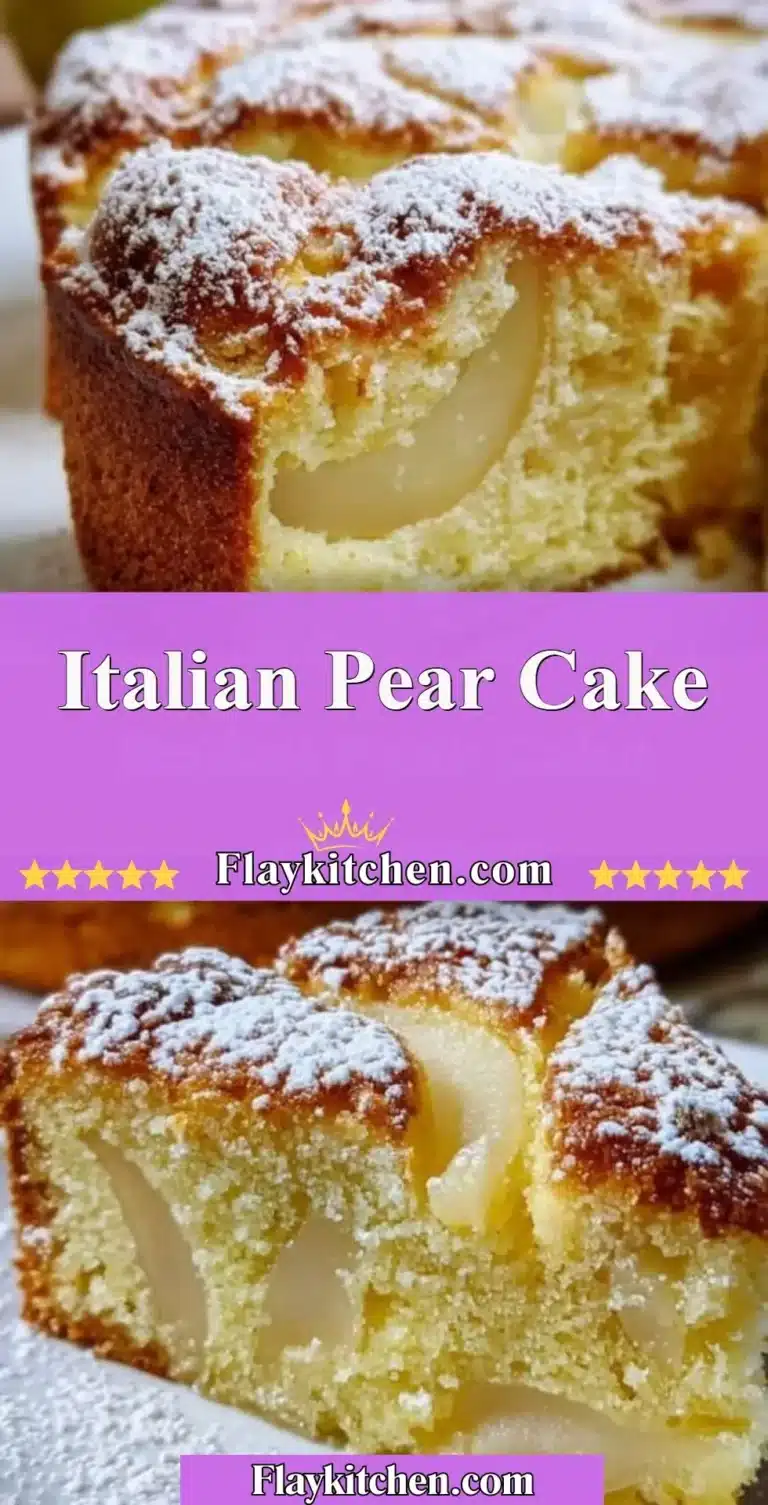 Slice of Italian Pear Cake garnished with fresh pears and a dusting of powdered sugar