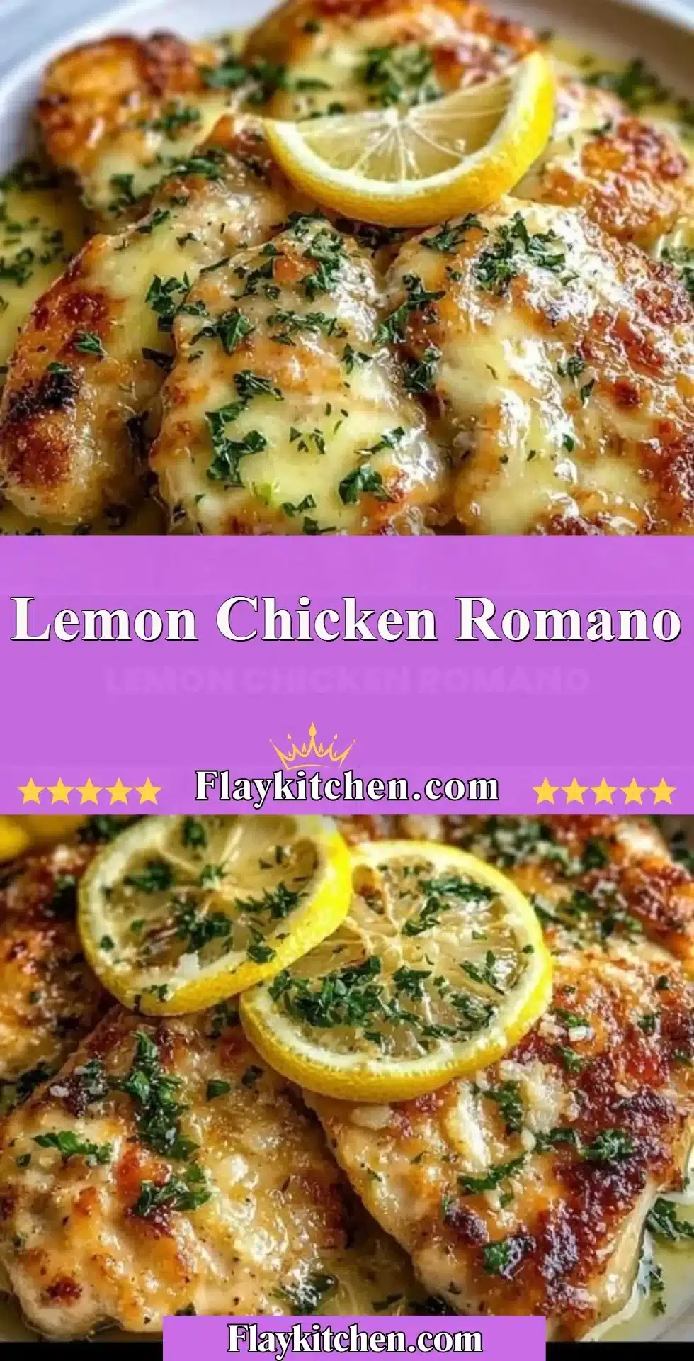 Lemon Chicken Romano 2 Plate of delicious Lemon Chicken Romano garnished with lemon and herbs.