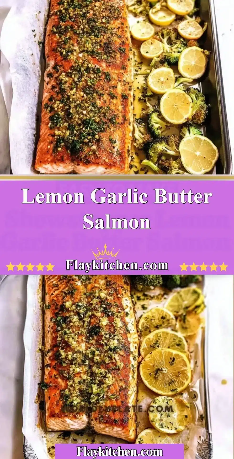 Lemon garlic butter salmon fillet garnished with fresh herbs