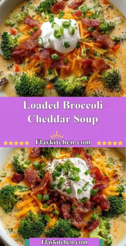 Bowl of loaded broccoli cheddar soup topped with cheese and broccoli florets