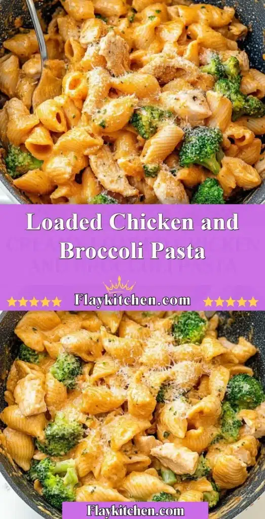 Plate of loaded chicken and broccoli pasta with creamy sauce and vegetables