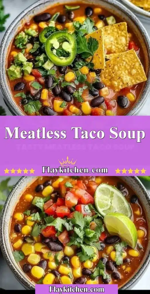 Delicious meatless taco soup served in a bowl with toppings