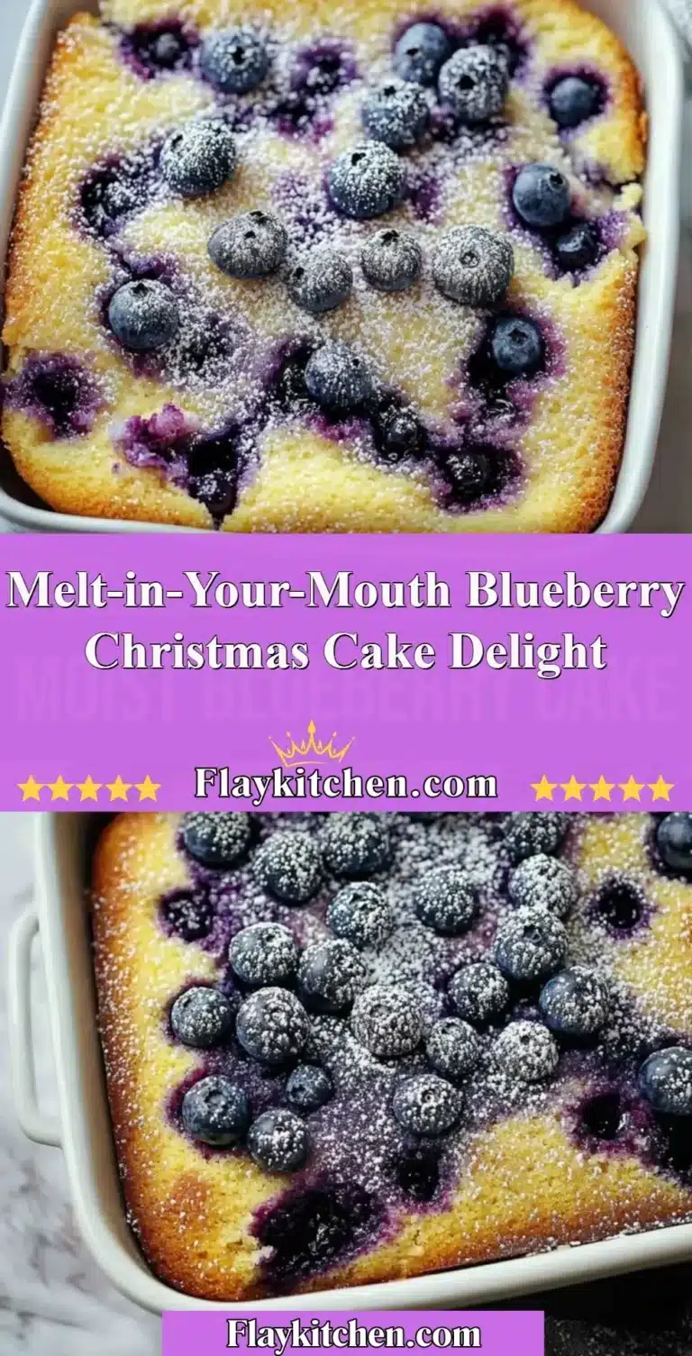 Melt-in-your-mouth blueberry Christmas cake decorated with fresh blueberries and icing.