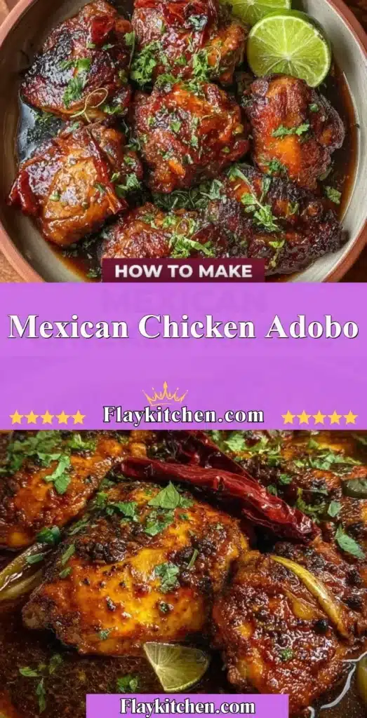 Delicious Mexican Chicken Adobo served with rice and garnish.