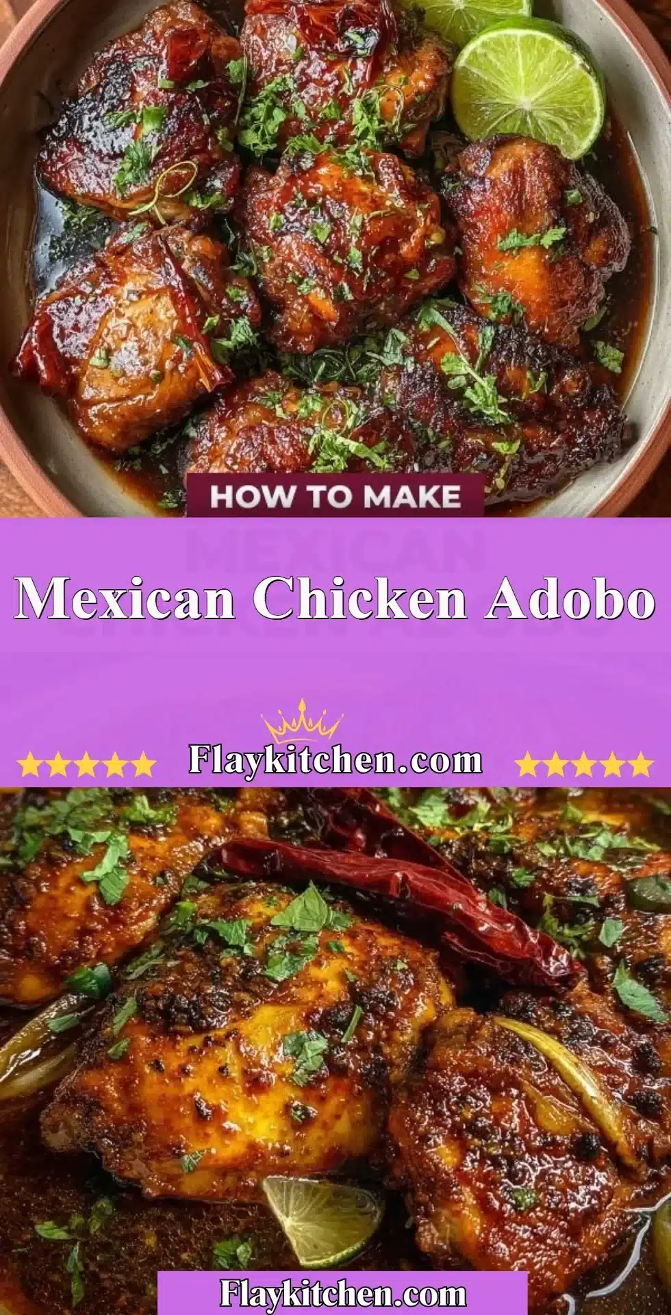 Delicious Mexican Chicken Adobo served with rice and garnish.