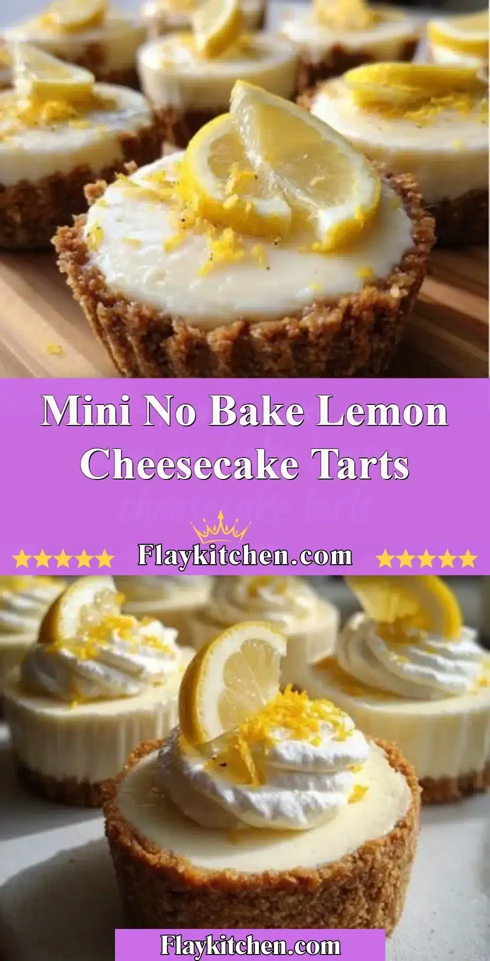Mini no bake lemon cheesecake tarts garnished with lemon zest and mint