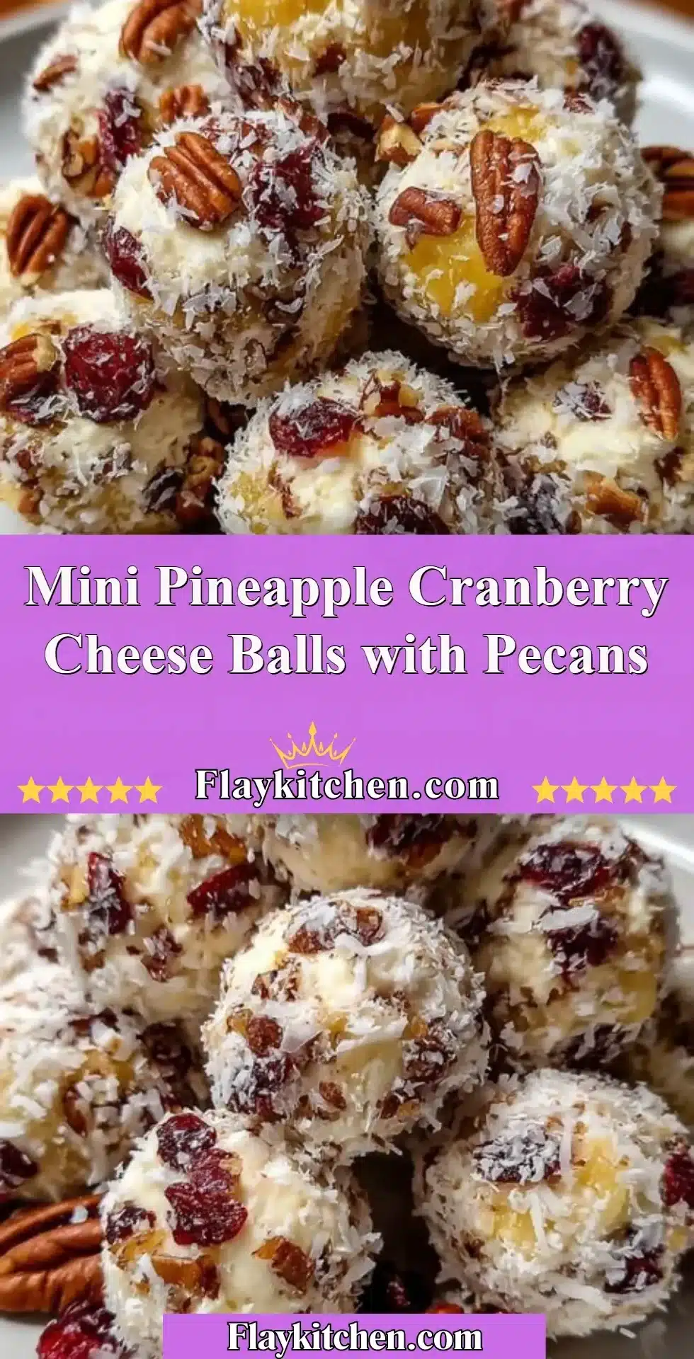 Mini Pineapple Cranberry Cheese Balls rolled in pecans