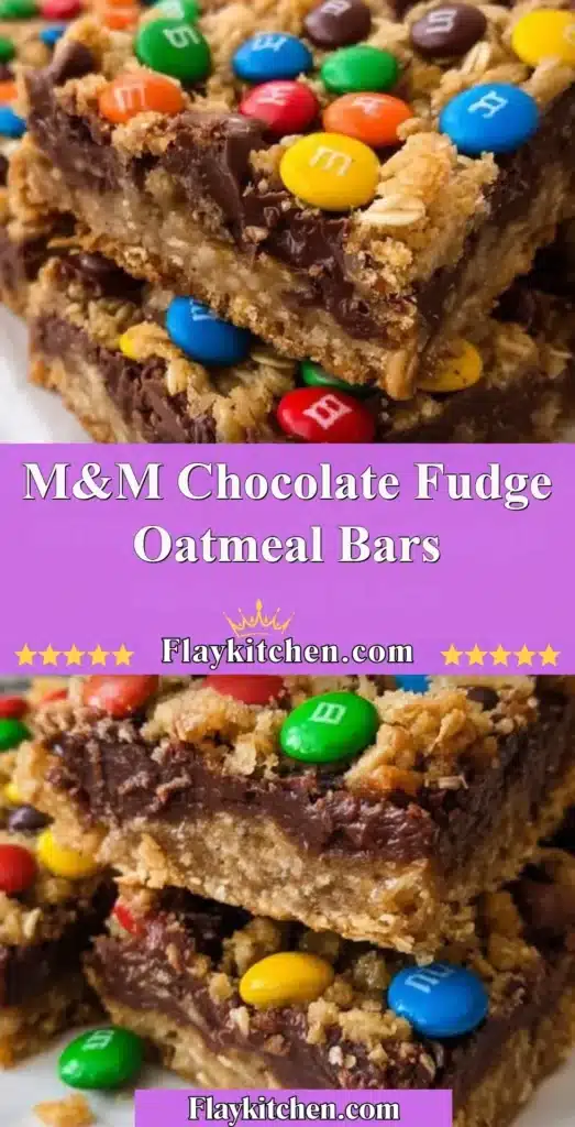 M&M Chocolate Fudge Oatmeal Bars topped with colorful M&M candies