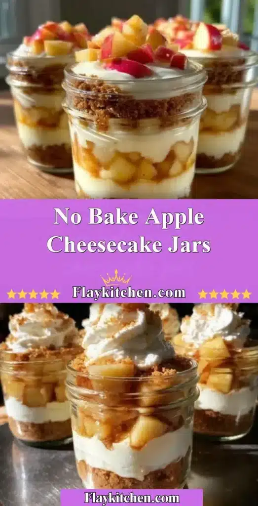 No Bake Apple Cheesecake Jars topped with apple slices and whipped cream