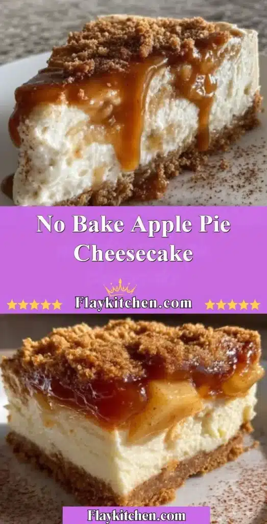 No Bake Apple Pie Cheesecake topped with caramel and apples on a graham cracker crust