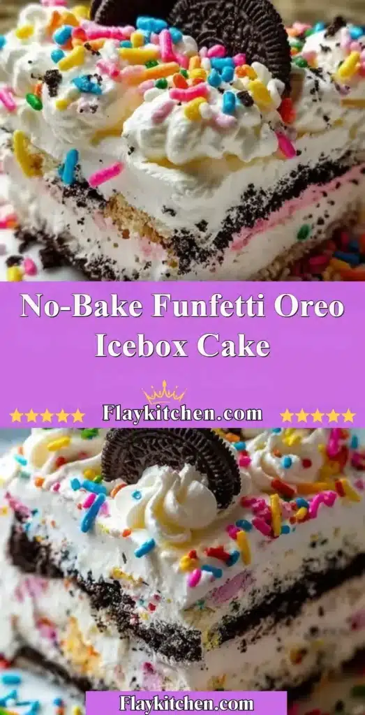No-Bake Funfetti Oreo Icebox Cake with colorful sprinkles and Oreo layers