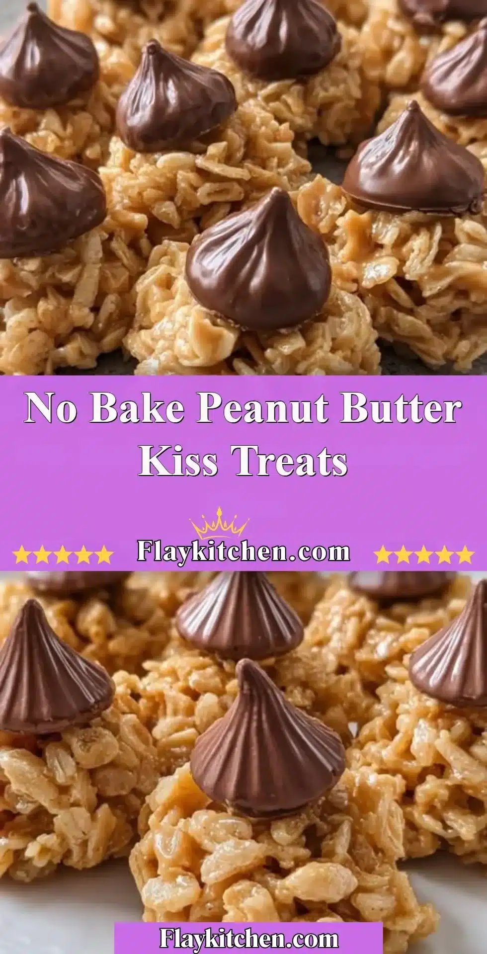 No Bake Peanut Butter Kiss Treats with chocolate kisses on top