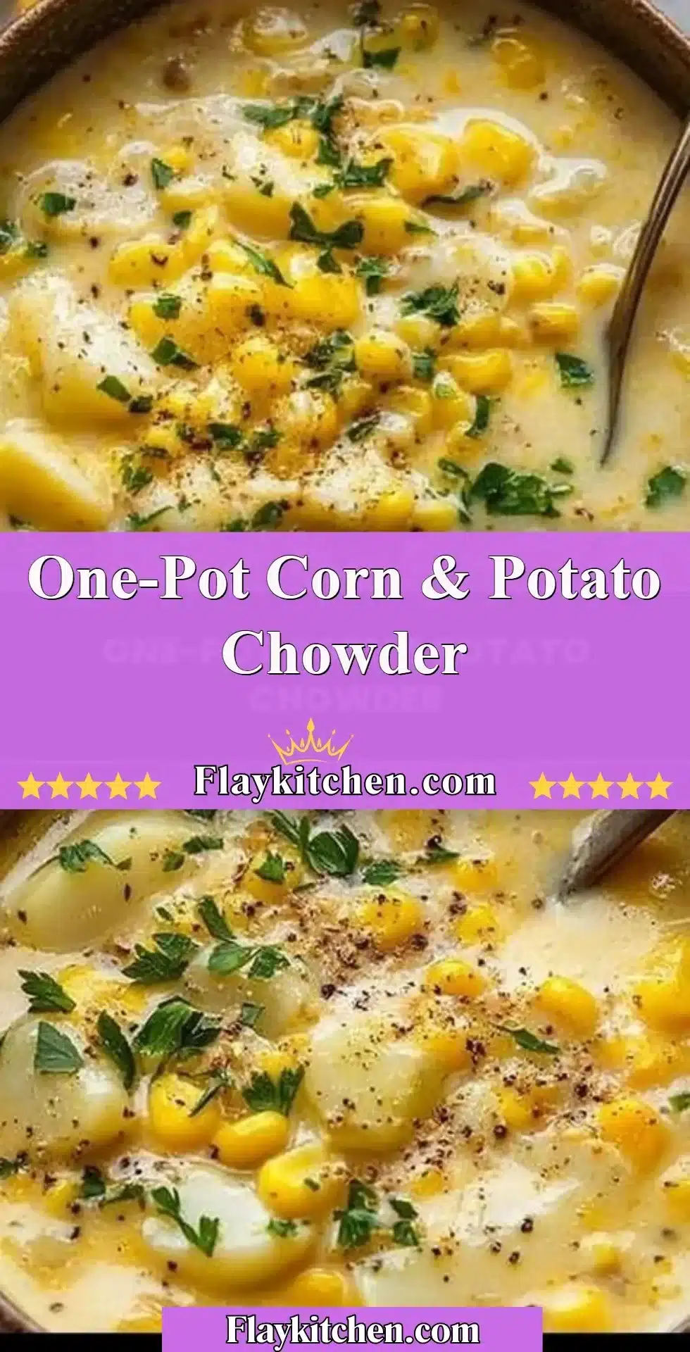 Bowl of creamy corn potato chowder garnished with herbs