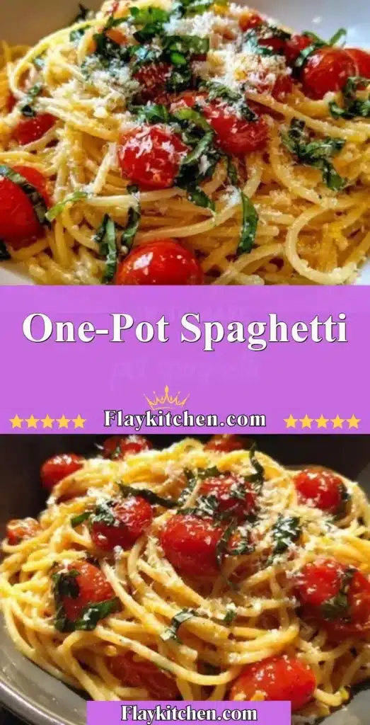 One-pot spaghetti dish with fresh ingredients and herbs served in a bowl.