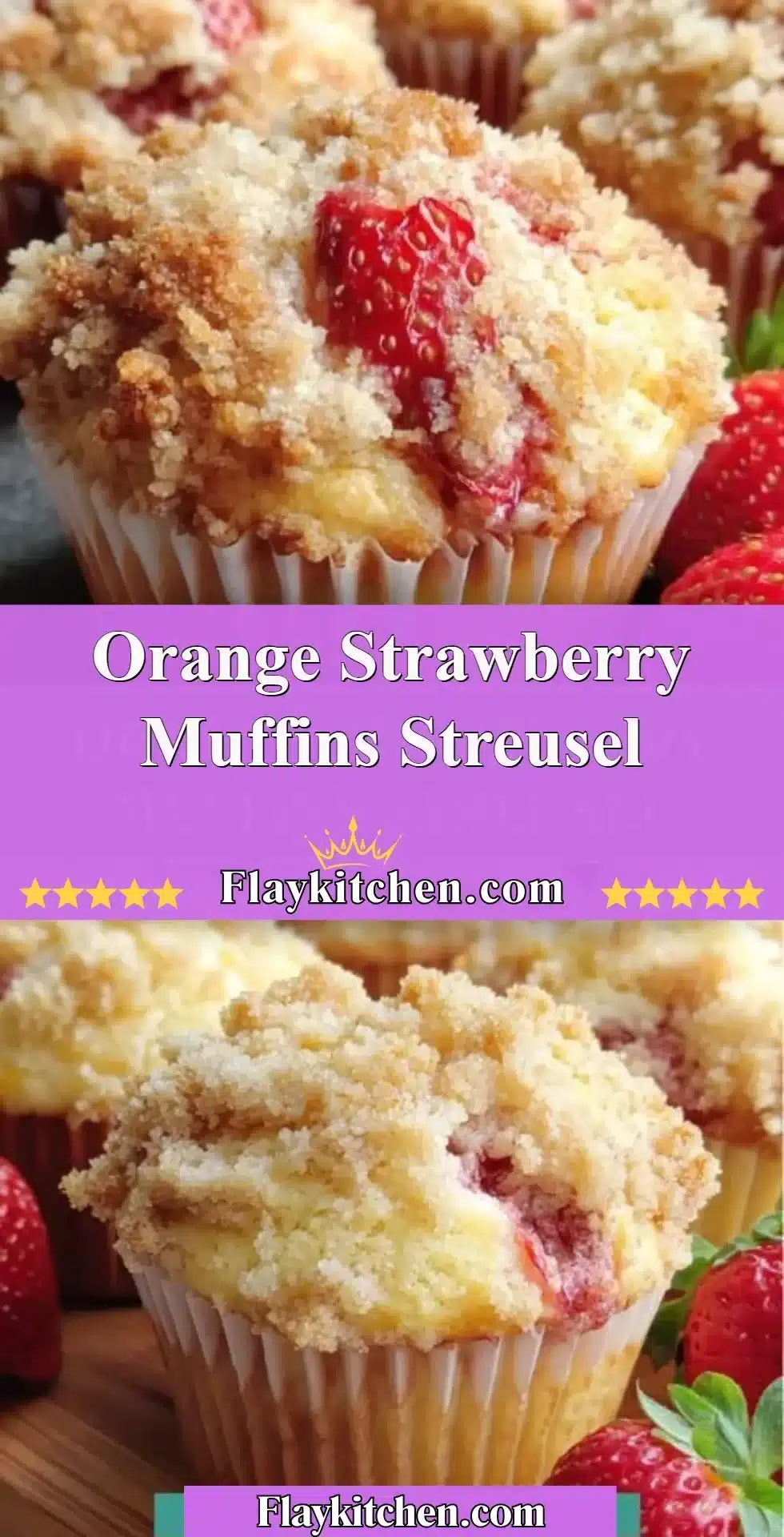 Freshly baked Orange Strawberry Muffins topped with crunchy streusel.