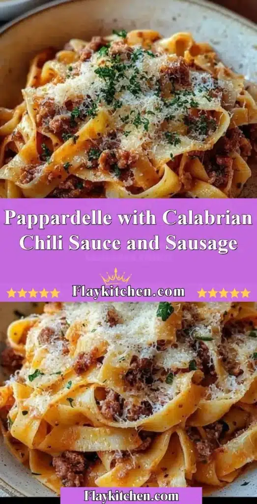 Pappardelle pasta with Calabrian chili sauce and sausage in a bowl