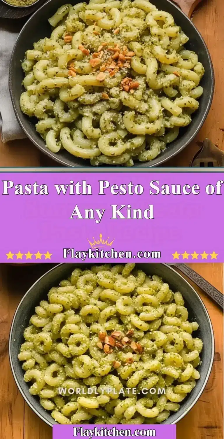 A bowl of pasta with homemade pesto sauce garnished with fresh basil.