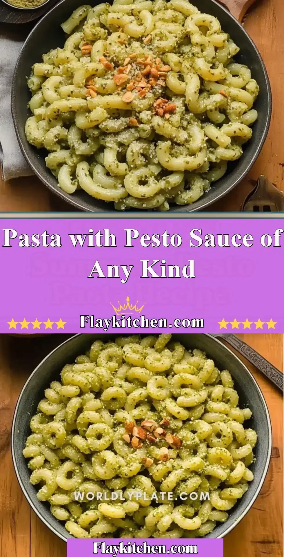 A bowl of pasta with homemade pesto sauce garnished with fresh basil.