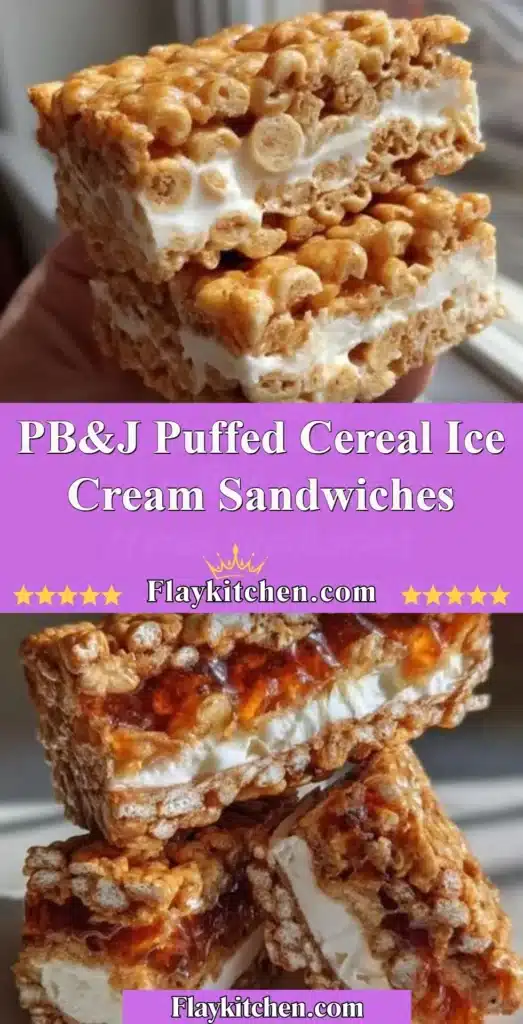 PB&J ice cream sandwiches with puffed cereal for added crunch and flavor.