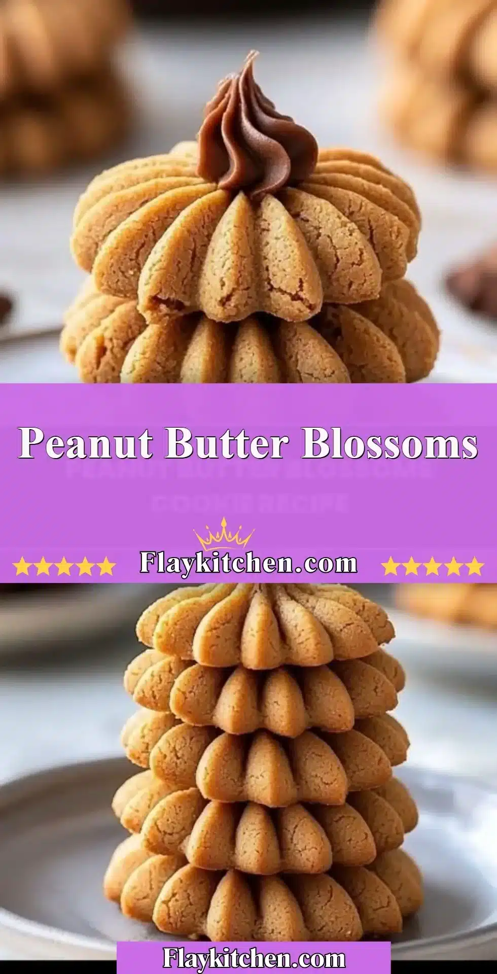 Freshly baked Peanut Butter Blossoms cookies with chocolate kisses on top