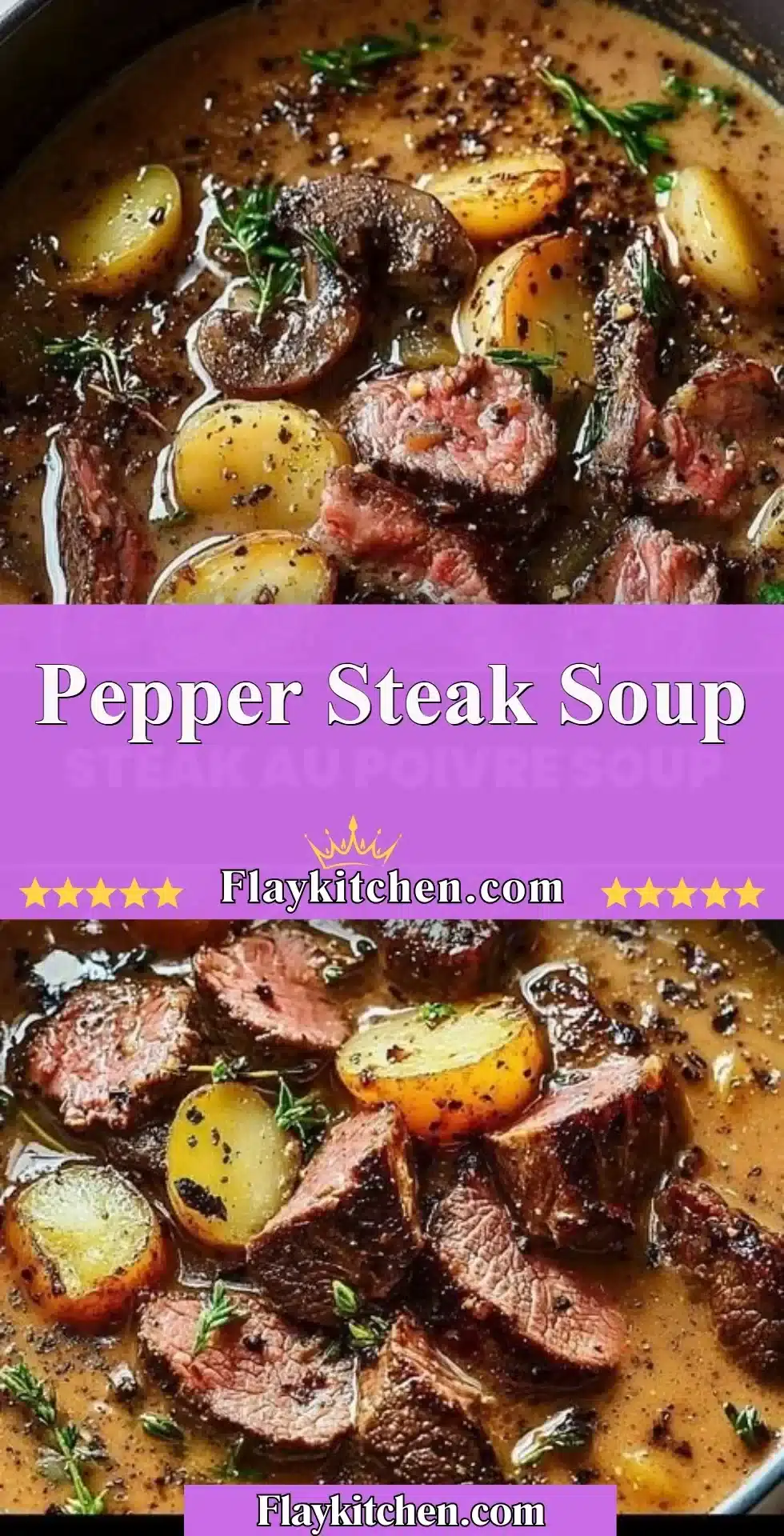 A bowl of delicious pepper steak soup garnished with vegetables and herbs.
