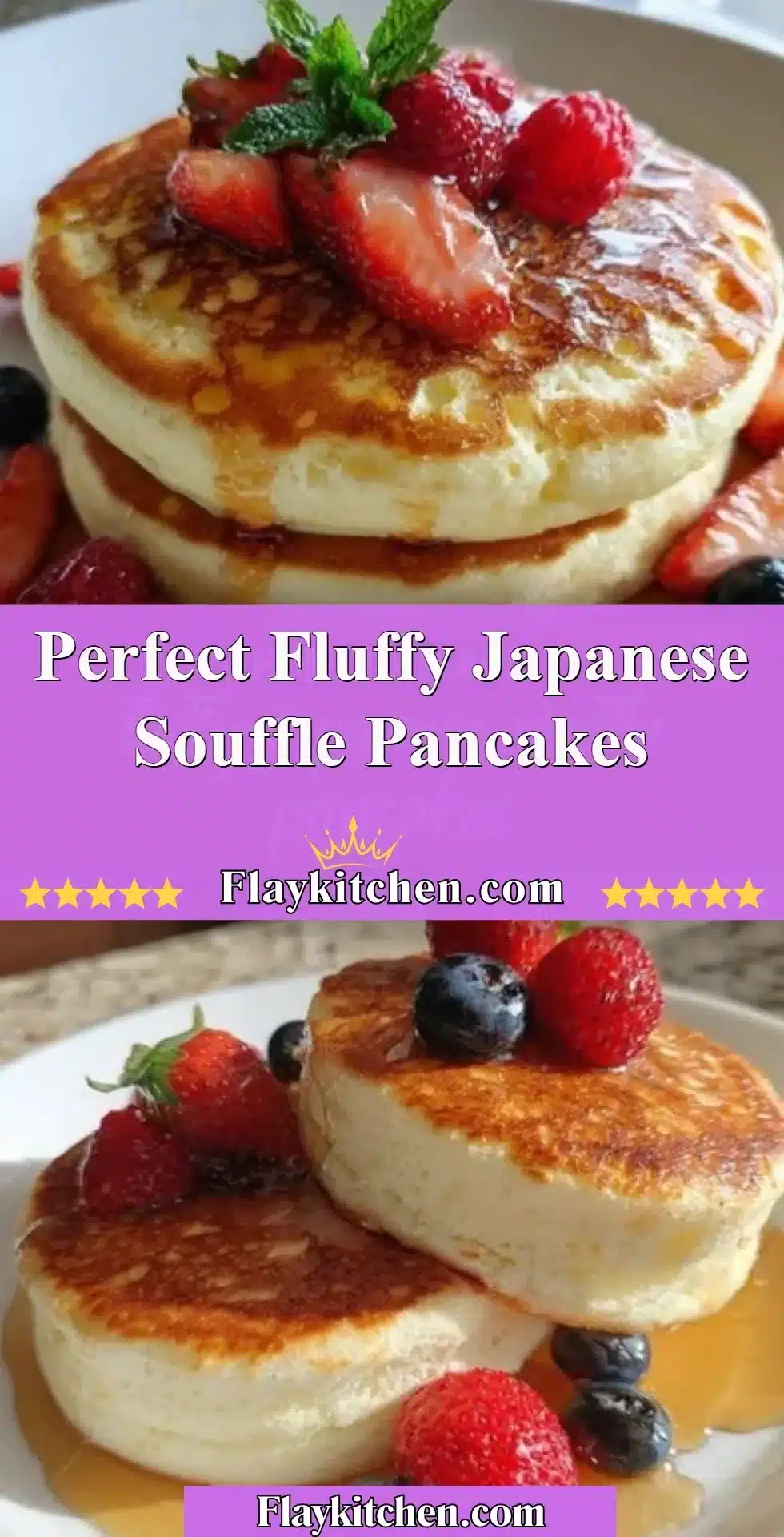 Fluffy Japanese souffle pancakes stacked with syrup and berries