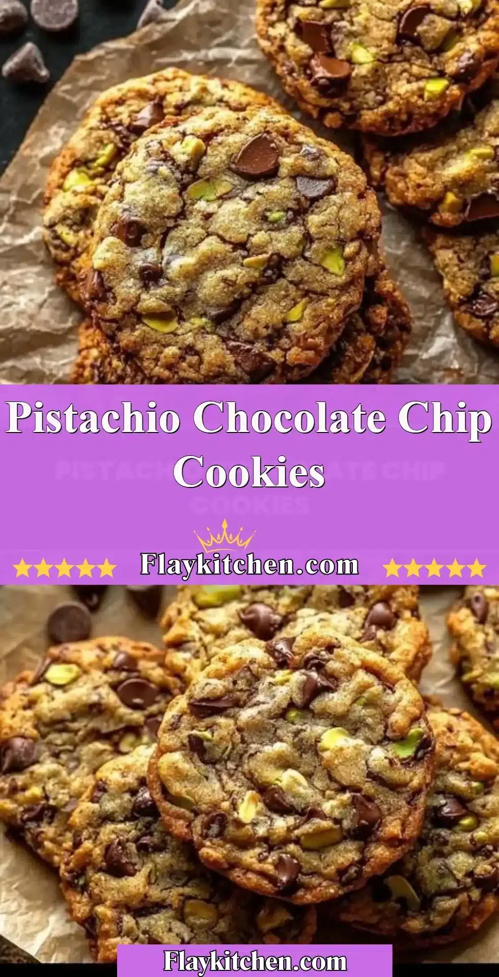 Freshly baked pistachio chocolate chip cookies on a baking tray