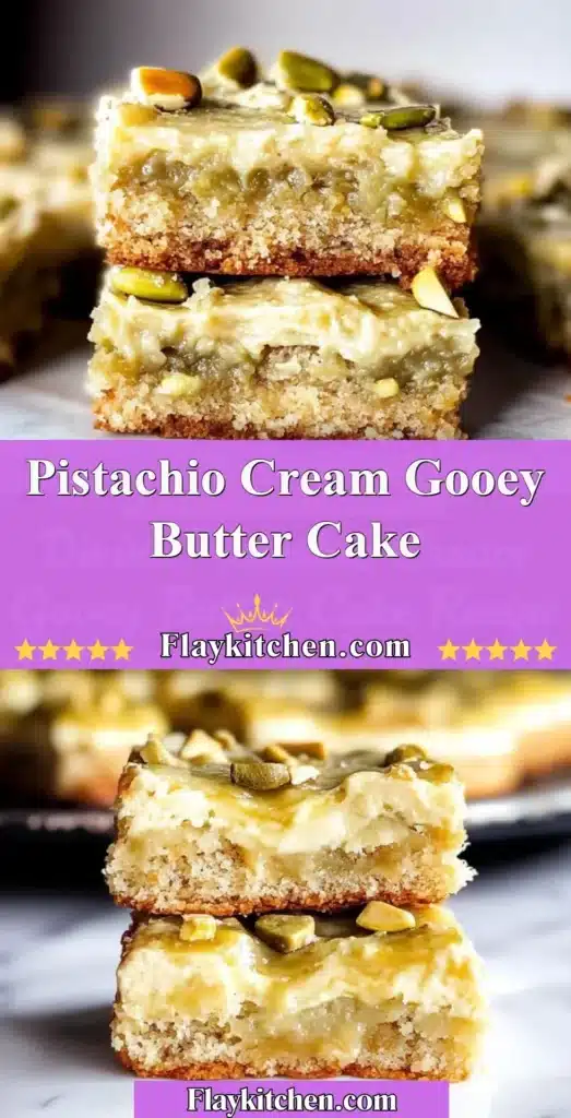 Slice of Pistachio Cream Gooey Butter Cake topped with nuts and frosting