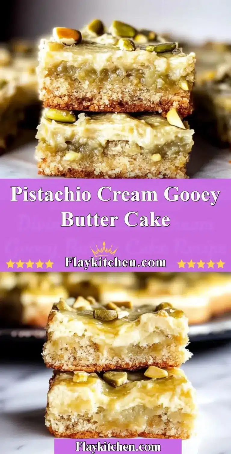 Slice of Pistachio Cream Gooey Butter Cake topped with nuts and frosting