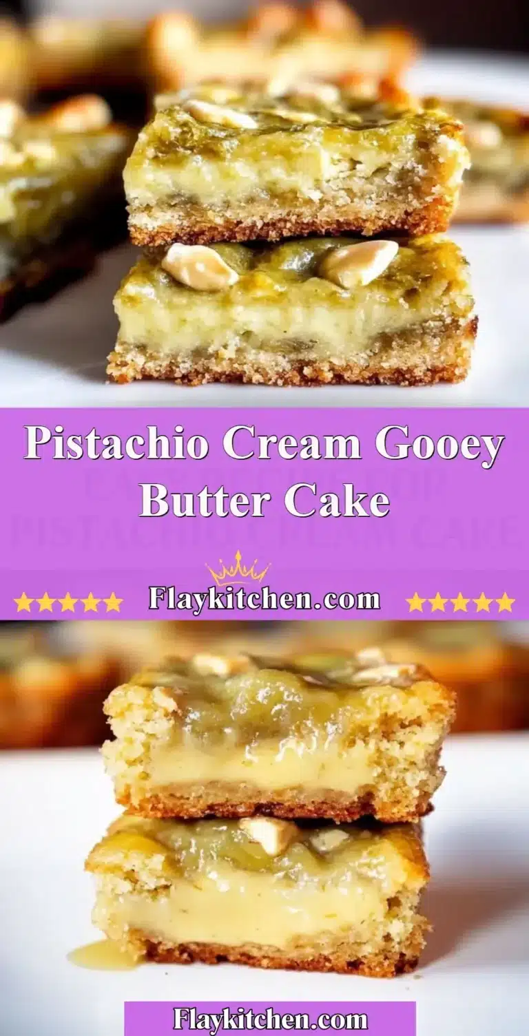 Slice of Pistachio Cream Gooey Butter Cake with creamy frosting and nuts