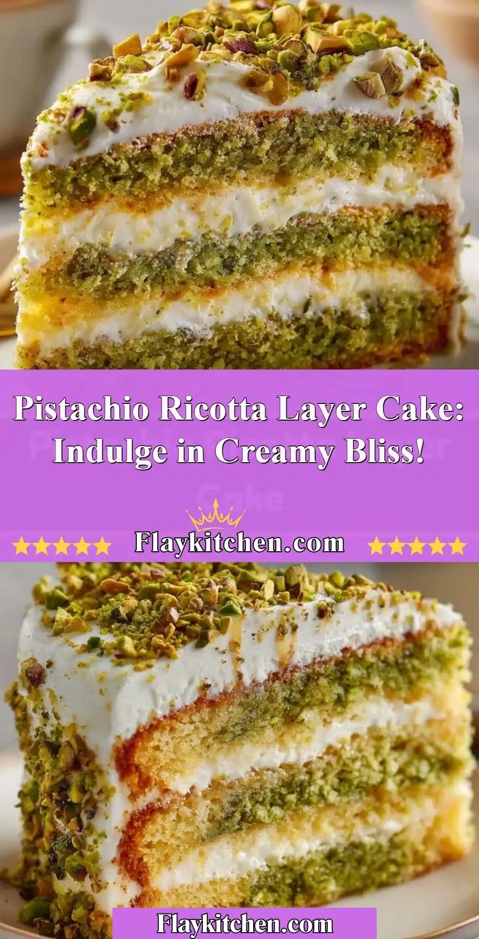 Delicious slice of Pistachio Ricotta Layer Cake with creamy frosting and pistachio nuts