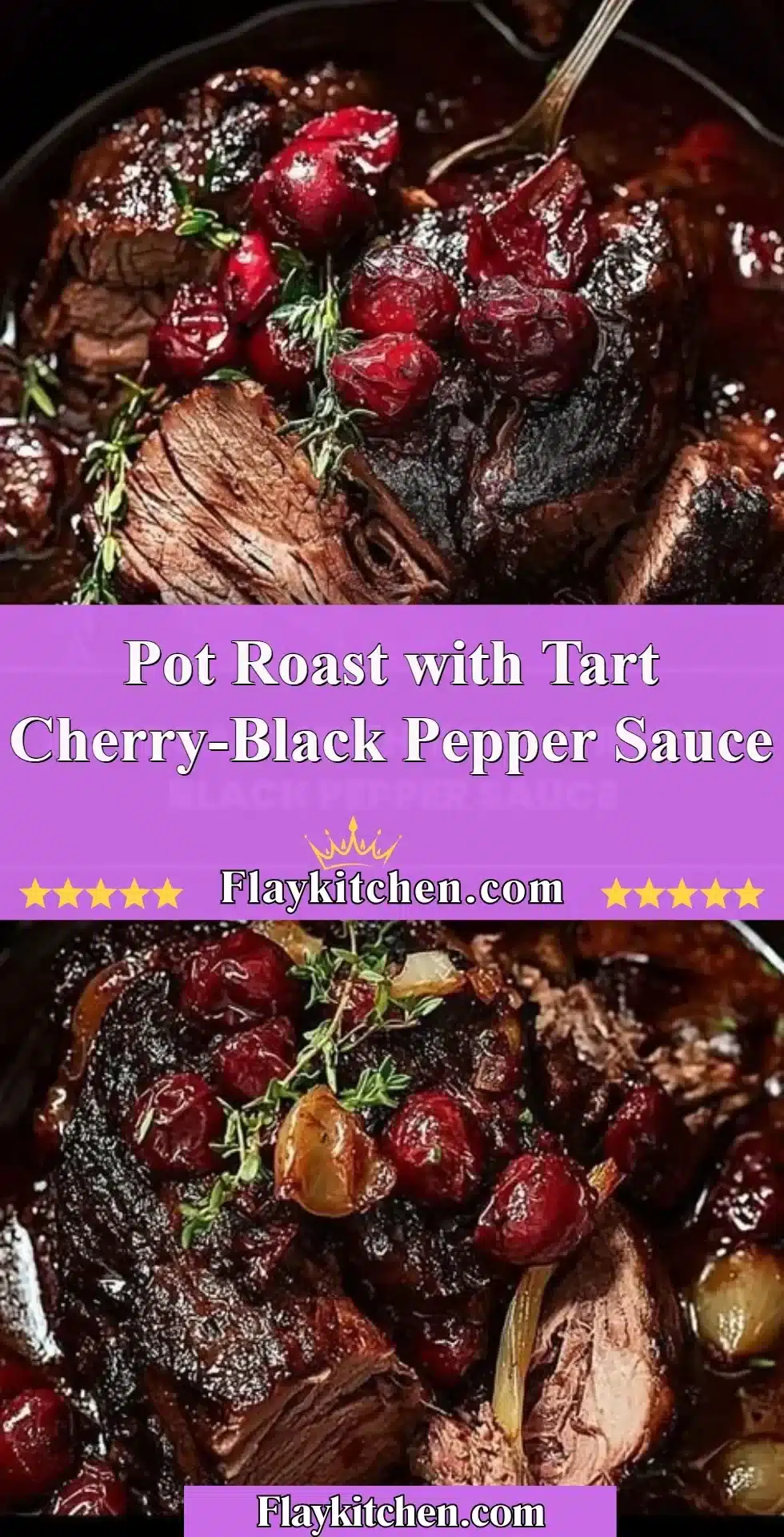 Pot roast served with tart cherry-black pepper sauce on a plate