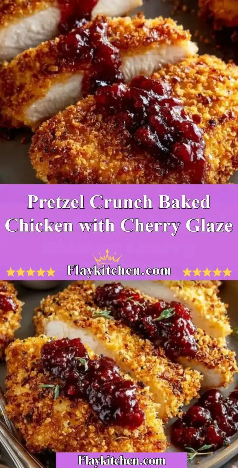 Pretzel Crunch Baked Chicken garnished with cherry glaze on a plate