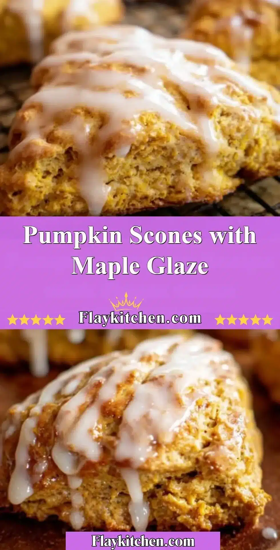 Delicious pumpkin scones topped with maple glaze on a rustic table