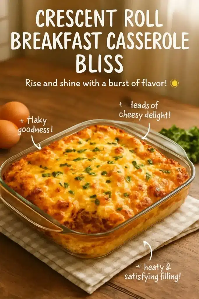 Easy crescent roll breakfast casserole topped with eggs and cheese