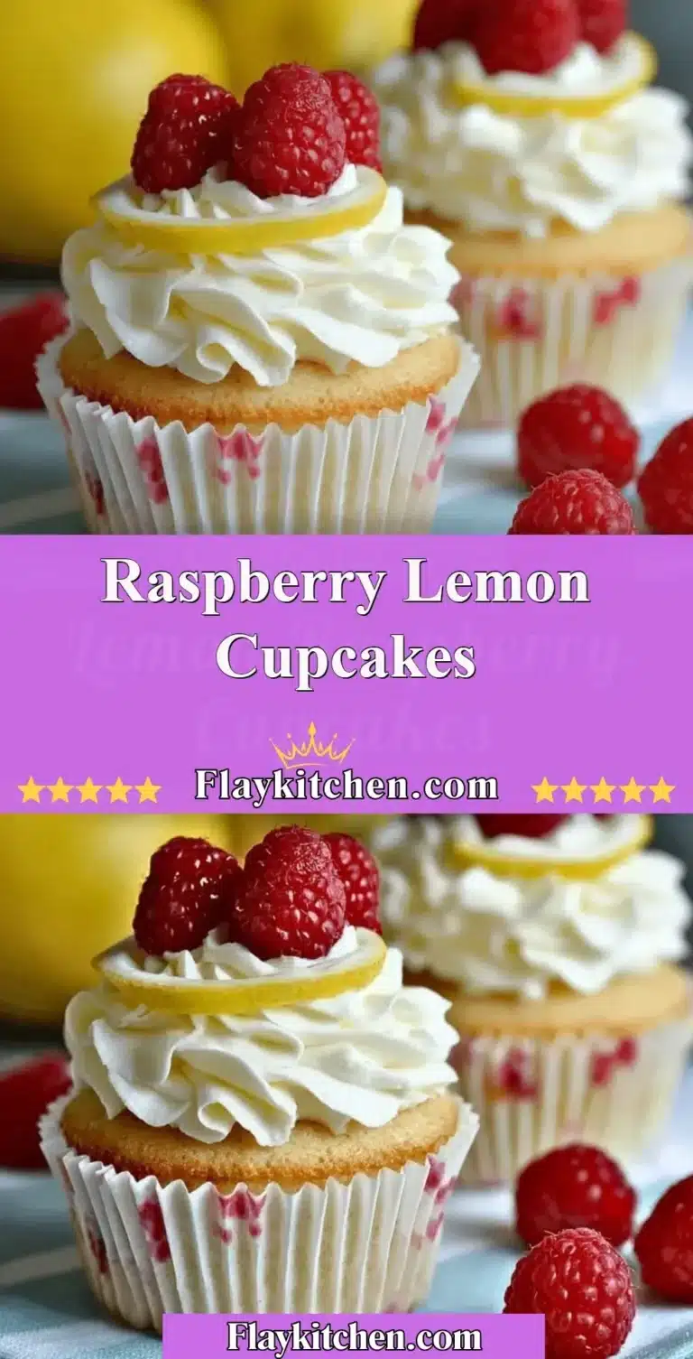 Delicious Raspberry Lemon Cupcakes topped with fresh raspberries and lemon icing.