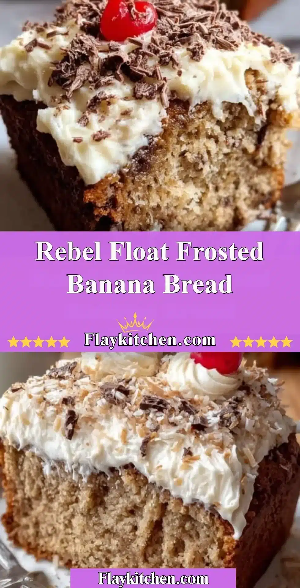 Delicious Rebel Float Frosted Banana Bread topped with creamy frosting.